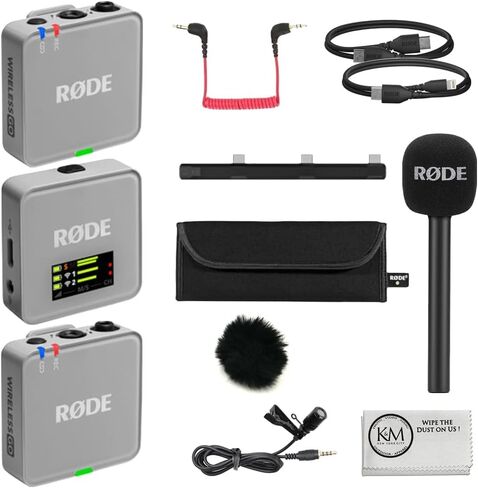 RØDE Wireless GO (Gen 3) نظام ميكروفون لاسلكي رقمي مدمج لشخصين/مسجل | 2.4 جيجا هرتز، حزمة سوداء مع 2 ميكروفونات Lavalier + 2 حاجب أمامي فروي + قطعة قماش (6 قطع) in Kuwait