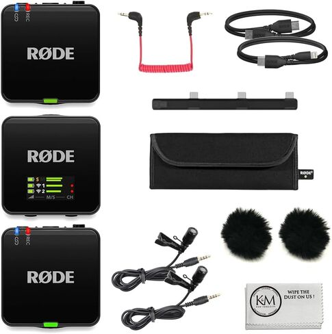 RØDE Wireless GO (Gen 3) نظام ميكروفون لاسلكي رقمي مدمج لشخصين/مسجل | 2.4 جيجا هرتز، حزمة سوداء مع 2 ميكروفونات Lavalier + 2 حاجب أمامي فروي + قطعة قماش (6 قطع) in Kuwait