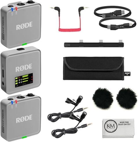 RØDE Wireless GO (Gen 3) نظام ميكروفون لاسلكي رقمي مدمج لشخصين/مسجل | 2.4 جيجا هرتز، حزمة سوداء مع 2 ميكروفونات Lavalier + 2 حاجب أمامي فروي + قطعة قماش (6 قطع) in Kuwait