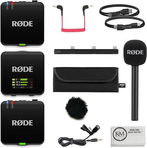 RØDE Wireless GO (Gen 3) نظام ميكروفون لاسلكي رقمي مدمج لشخصين/مسجل | 2.4 جيجا هرتز، حزمة سوداء مع 2 ميكروفونات Lavalier + 2 حاجب أمامي فروي + قطعة قماش (6 قطع) in Kuwait