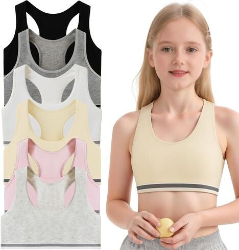 6-Pack Girls'Sports Bras Vest-Style underwearFor Training Sleep & Everyday Wear for Girls 7-10 Years Old in Kuwait
