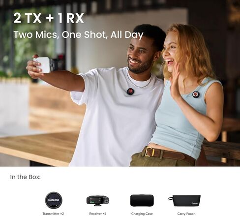 Insta360 Mic Pro (2 TX + 1 RX + حافظة شحن)، ميكروفون لاسلكي صغير الحجم لأجهزة iPhone/الكاميرا/Android، خفيف للغاية، تسجيل فيديو، بلوتوث، شاشة حبر إلكتروني قابلة للتخصيص، مجموعة 3 ميكروفونات، استخدام لمدة 30 ساعة in Kuwait