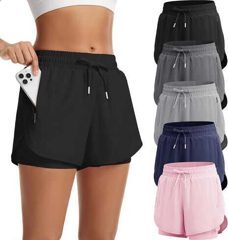 MLYENX 2 in 1 Running Shorts for Women High Waisted Athletic Workout Gym Shorts with Zipper Pockets Quick Dry in Saudi Arabia