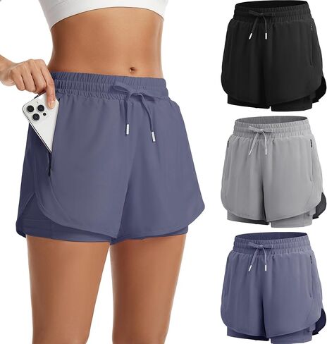 MLYENX 2 in 1 Running Shorts for Women High Waisted Athletic Workout Gym Shorts with Zipper Pockets Quick Dry in Saudi Arabia