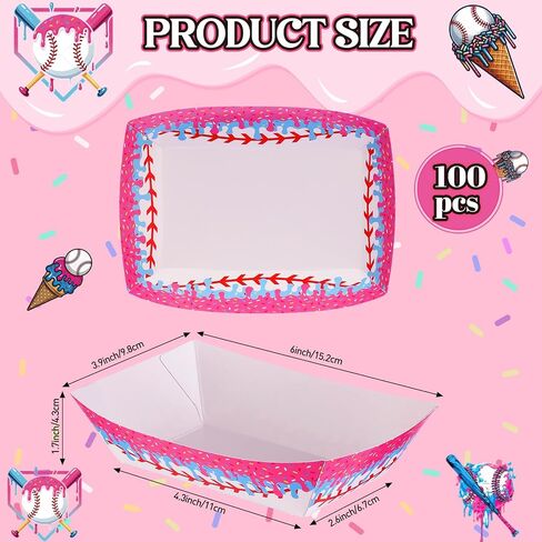 LemonRoad 100 Pcs Baseball Drip Ice Cream Party Supplies Trays, Disposable Snack Paper Boat Food Plate for Nacho Fries Candy, Birthday, Summer Picnic, Baseball Drip Ice Cream Sports Party Supplies in Kuwait