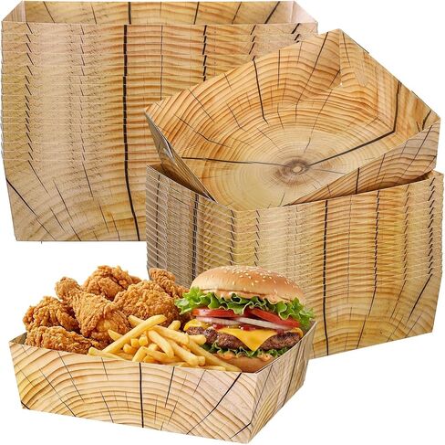 Uiifan 36 Pcs Wood Grain Party Paper Food Trays 5 lb Rustic Wood Slice Large Disposable Snack Serving Trays for Lumberjack Cut Timber, Camping, Woodland Animal Party Supplies in Kuwait