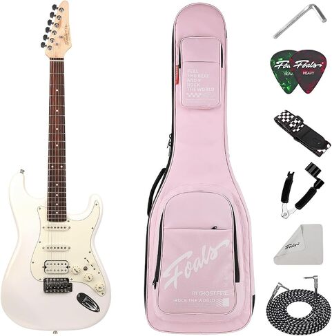 FOALS Full Size Electric Guitar Kit for Beginners, Solid Poplar Body, HSS Ceramic Pickups, Maple Neck & Rosewood Fingerboard, Locking Tuners, Tremolo Bridge, Gig Bag & Accessories, FS3-Snow White in Kuwait