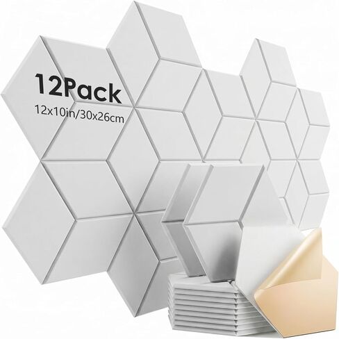 12 Pack Acoustic Panels,Hexagon Y-Lined Self Adhesive Sound Proof Foam Wall Panels,High Density Noise Cancelling Wall Panels,Acoustic Foam Panels for Home Office Recording Studio Gaming,12"X10"X 0.4" in Kuwait