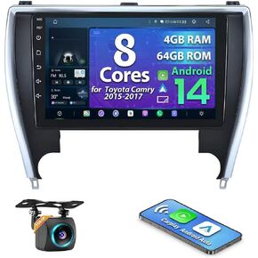 راديو سيارة Android 14 مطور 4+64G لسيارة Toyota Camry 2015 2026 2017 Wireless Carplay Android Auto، ستيريو سيارة بشاشة لمس 10.1 بوصة مع كاميرا احتياطية، AM/FM/RDS، AUX، DSP، SWC in Kuwait