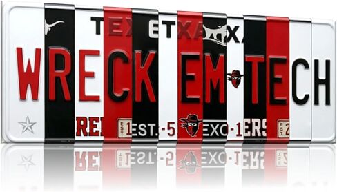 علامة لوحة ترخيص Texas Tech Red Raiders Wreck Em Tech - لوحة فنية جدارية معدنية مقاس 16 × 6 بوصة من الألومنيوم - أحمر أسود - ديكور مرآب لغرفة النوم في كهف المروحة - مقاومة للأشعة فوق البنفسجية جاهزة للتعليق - هدية تخرج جامعية in Kuwait