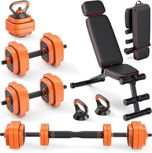 Rendpas 4-in-1 Adjustable Dumbbell Set with Foldable Weight Bench, Convert to Barbell Kettlebell Push-Up Stand, 800LBS Bench 10 Angles Incline Decline Flat, Home Gym Weight Set in Kuwait