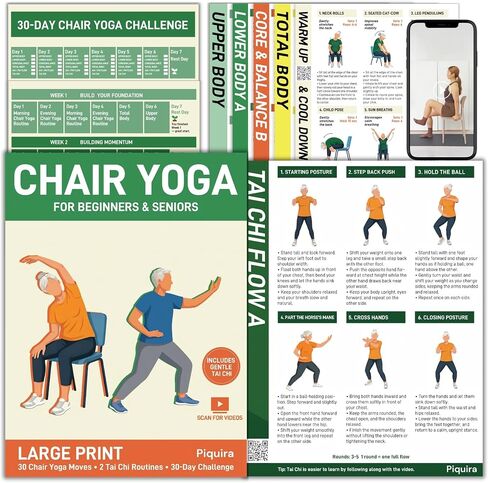 Chair Yoga for Seniors Over 60 Chart with Tai Chi Workout Chart, 13-Page Large Print Poster Set with Video Guides, 30-Day Challenge, Beginner-Friendly Seated Exercises for Flexibility and Balance in Kuwait
