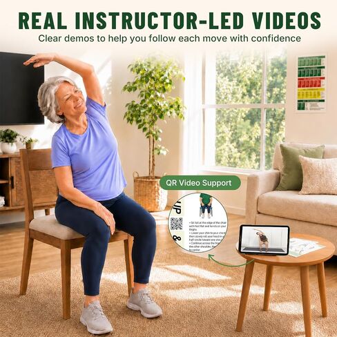 Chair Yoga for Seniors Over 60 Chart with Tai Chi Workout Chart, 13-Page Large Print Poster Set with Video Guides, 30-Day Challenge, Beginner-Friendly Seated Exercises for Flexibility and Balance in Kuwait