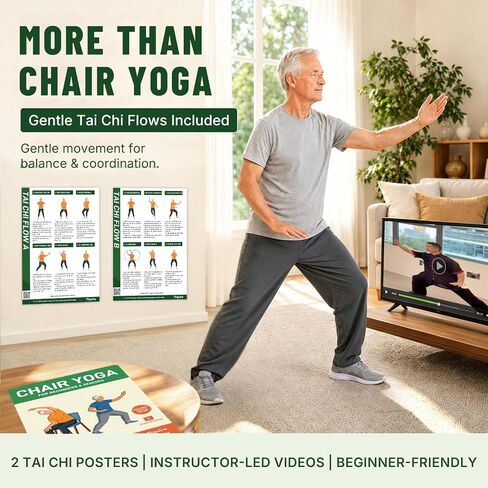 Chair Yoga for Seniors Over 60 Chart with Tai Chi Workout Chart, 13-Page Large Print Poster Set with Video Guides, 30-Day Challenge, Beginner-Friendly Seated Exercises for Flexibility and Balance in Kuwait