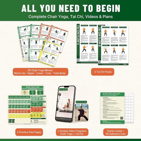 Chair Yoga for Seniors Over 60 Chart with Tai Chi Workout Chart, 13-Page Large Print Poster Set with Video Guides, 30-Day Challenge, Beginner-Friendly Seated Exercises for Flexibility and Balance in Kuwait