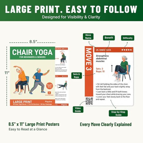 Chair Yoga for Seniors Over 60 Chart with Tai Chi Workout Chart, 13-Page Large Print Poster Set with Video Guides, 30-Day Challenge, Beginner-Friendly Seated Exercises for Flexibility and Balance in Kuwait