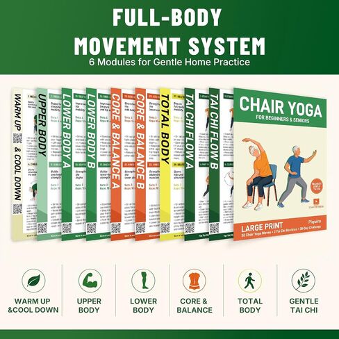 Chair Yoga for Seniors Over 60 Chart with Tai Chi Workout Chart, 13-Page Large Print Poster Set with Video Guides, 30-Day Challenge, Beginner-Friendly Seated Exercises for Flexibility and Balance in Kuwait