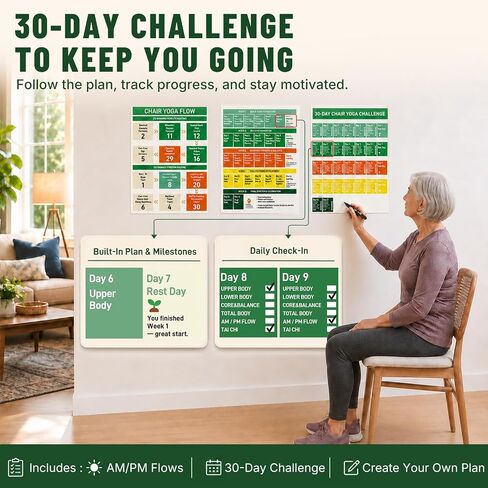 Chair Yoga for Seniors Over 60 Chart with Tai Chi Workout Chart, 13-Page Large Print Poster Set with Video Guides, 30-Day Challenge, Beginner-Friendly Seated Exercises for Flexibility and Balance in Kuwait