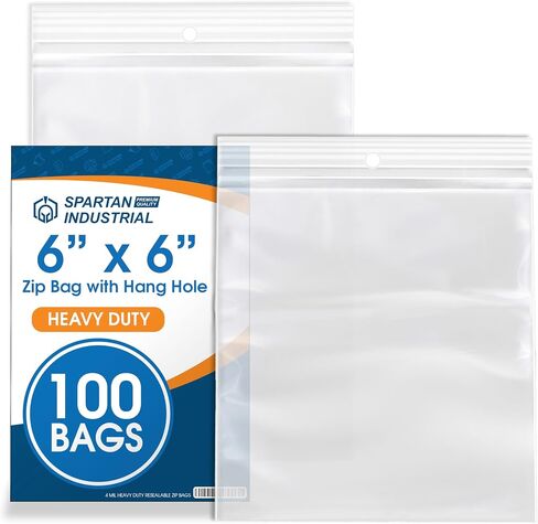 6" X 6" Heavy-Duty Square Zip Bags With Hang Hole for Displays (100 Count) - 4 Mil Plastic Resealable Bags for Storage and Packaging - Spartan Industrial in Kuwait