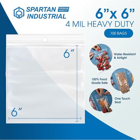 6" X 6" Heavy-Duty Square Zip Bags With Hang Hole for Displays (100 Count) - 4 Mil Plastic Resealable Bags for Storage and Packaging - Spartan Industrial in Kuwait