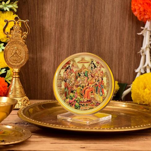 DHRUVS COLLECTION Gold Plated Ram Darbar 3D Idol Acrylic Diamond Cut Photo Stand for Home Decor, Car Dashboard, Office Table, Pooja, Temple, Workplace, Housewarming Gift (10.5 x 8 Centimetres) in Kuwait