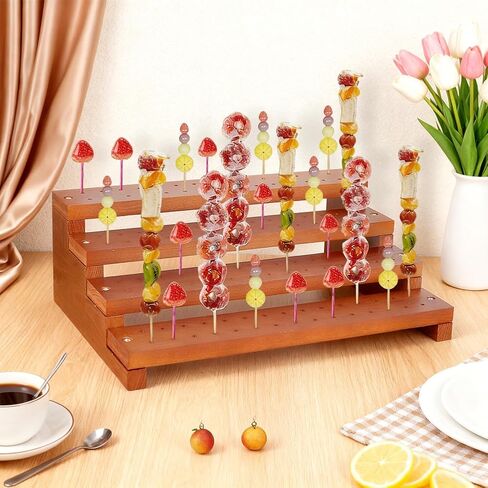 PH PandaHall 120 Holes Wooden Skewer Display Holder Appetizer Skewer Display, 4 Tier Party Skewers Tray Wood Lollipop Stand for Party Buffet Fruit Veggie Cocktail Catering Banquets, 13.9x9.4 in Kuwait
