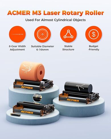 ACMER M3 Laser Rotary Roller, Laser Engraver Y-axis Rotary 360° Roller with 6-164mm Engraving Space for Engraving Cylindrical Objects, Ring, Suitable for ACMER P2, P1 and Most Laser Engrave in Saudi Arabia