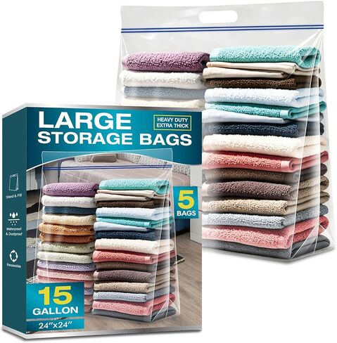 5 Pack 25 Gallon Jumbo Storage Bags with Zipper and Handles | 4 Mil Thick Clear Heavy Duty Plastic Bags, 24"x35" for Clothing, Pillows, Moving and Travel in Kuwait