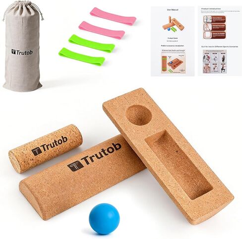 Cork Balance Board, Natural Cork 4-in-1 Foot & Ankle Strengthener Kit, Balance Trainer Set with Massage Ball & Roller, Toe Resistance Bands and Storage Bag, Balance Boards for Adults Athletes Runners in Kuwait