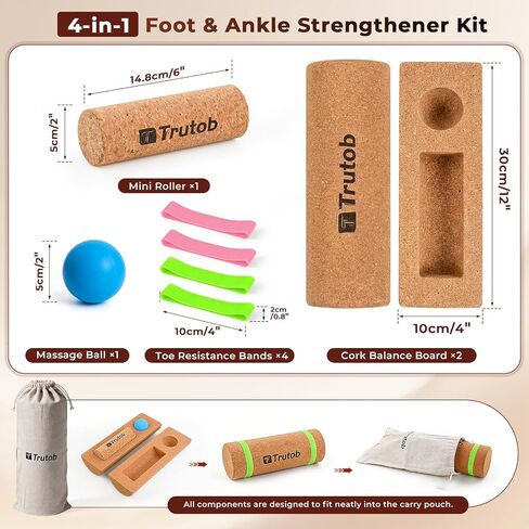 Cork Balance Board, Natural Cork 4-in-1 Foot & Ankle Strengthener Kit, Balance Trainer Set with Massage Ball & Roller, Toe Resistance Bands and Storage Bag, Balance Boards for Adults Athletes Runners in Kuwait