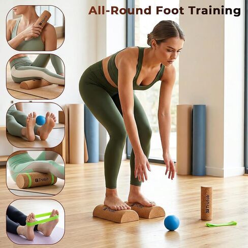 Cork Balance Board, Natural Cork 4-in-1 Foot & Ankle Strengthener Kit, Balance Trainer Set with Massage Ball & Roller, Toe Resistance Bands and Storage Bag, Balance Boards for Adults Athletes Runners in Kuwait
