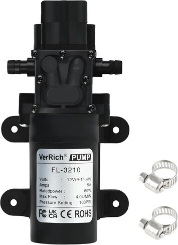 مضخة مياه VerRich تيار مستمر 12 فولت مع مصدر طاقة 116PSI 8 بار مضخة الحجاب الحاجز 4 لتر/دقيقة 1GPM 3/8 بوصة موصل 10 مم مع مشبك خرطوم قابل للتعديل in Kuwait