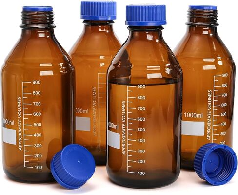 Yopay 4 Pack Media Storage Bottles, 1000 ml Amber Borosilicate Glass Graduated Bottles, Brown Leak Proof Round Scientific Container for Labs Water Reagent Liquids Classrooms or Home Use in Kuwait