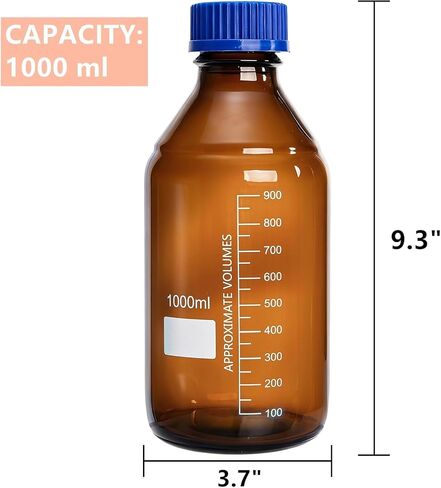 Yopay 4 Pack Media Storage Bottles, 1000 ml Amber Borosilicate Glass Graduated Bottles, Brown Leak Proof Round Scientific Container for Labs Water Reagent Liquids Classrooms or Home Use in Kuwait