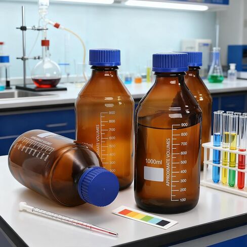 Yopay 4 Pack Media Storage Bottles, 1000 ml Amber Borosilicate Glass Graduated Bottles, Brown Leak Proof Round Scientific Container for Labs Water Reagent Liquids Classrooms or Home Use in Kuwait