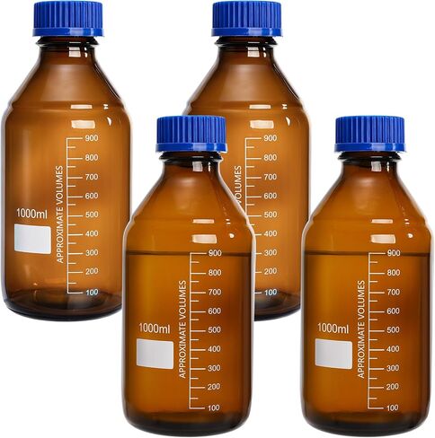 Yopay 4 Pack Media Storage Bottles, 1000 ml Amber Borosilicate Glass Graduated Bottles, Brown Leak Proof Round Scientific Container for Labs Water Reagent Liquids Classrooms or Home Use in Kuwait