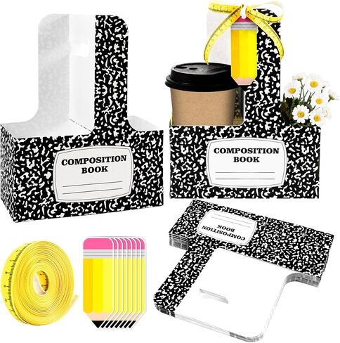 12Set Composition Notebook 2 Cup Drink Carrier with Handle Back to School Teacher Appreciation Gifts Portable Paper Coffee Holders with Pencil Greeting Card Ribbon for Classroom Party Favors Supplies in Kuwait