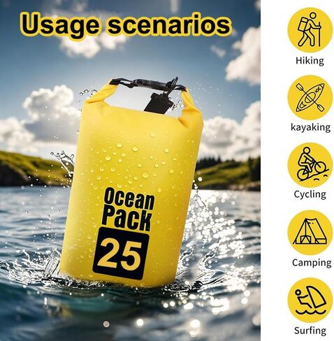 Waterproof Dry Bag, 25L Roll Top Waterproof Backpack Sack Keeps Gear Dry, Lightweight Storage Bag Backpack for Travel Swimming Boating Kayaking Paddle Board Camping Beach Accessories, Yellow in Kuwait