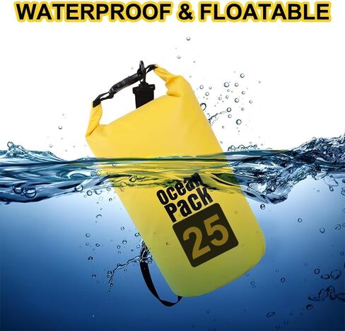 Waterproof Dry Bag, 25L Roll Top Waterproof Backpack Sack Keeps Gear Dry, Lightweight Storage Bag Backpack for Travel Swimming Boating Kayaking Paddle Board Camping Beach Accessories, Yellow in Kuwait