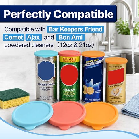 6Pcs Silicone Powder Cleanser Lids for Bar Keepers Friend, Comet, Ajax, Bon Ami (12 oz & 21 oz), Silicone Lid Keeps Cleanser Powder Dry, Multiple Colors Available in Saudi Arabia