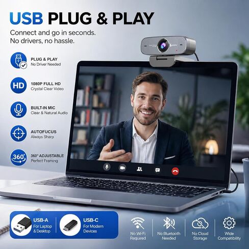 1080P Webcam with Microphone 1080P Web Cam Computer Caemra with Autofocus HD Web cam Plug&Play USB PC Webcam Streaming Camera for Laptop, Desktop, PC, Mac,Web Cam Works w/Zoom/Teams/Facetime/YouTube in Saudi Arabia