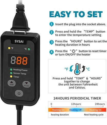 SYSAI Temperature Controller for Reptile Tank, Heat Mat, Seed Germination, Greenhouse, Brooder, Home Brewing, 100W-1A, Digital Thermostat, °F/°C Display, 60-94°F in Kuwait