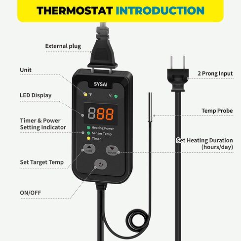 SYSAI Temperature Controller for Reptile Tank, Heat Mat, Seed Germination, Greenhouse, Brooder, Home Brewing, 100W-1A, Digital Thermostat, °F/°C Display, 60-94°F in Kuwait