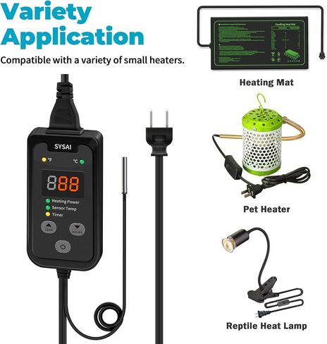 SYSAI Temperature Controller for Reptile Tank, Heat Mat, Seed Germination, Greenhouse, Brooder, Home Brewing, 100W-1A, Digital Thermostat, °F/°C Display, 60-94°F in Kuwait