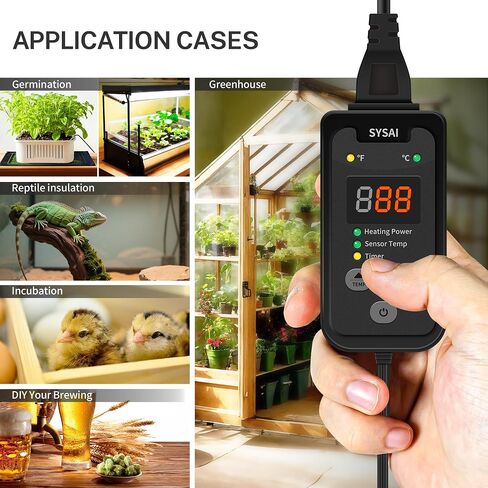 SYSAI Temperature Controller for Reptile Tank, Heat Mat, Seed Germination, Greenhouse, Brooder, Home Brewing, 100W-1A, Digital Thermostat, °F/°C Display, 60-94°F in Kuwait