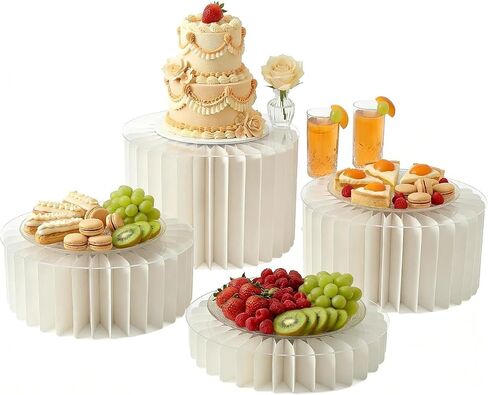 iobiotio Foldable Cake Stand, Reusable Buffet Risers, 4 Pack Round Dessert Stands with Acrylic Tops, Cardborad Display Stands for Weddings, Birthdays, Baby Showers, Parties, Home Decor, White in Saudi Arabia