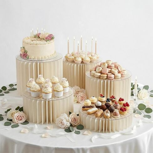 iobiotio Foldable Cake Stand, Reusable Buffet Risers, 4 Pack Round Dessert Stands with Acrylic Tops, Cardborad Display Stands for Weddings, Birthdays, Baby Showers, Parties, Home Decor, White in Saudi Arabia