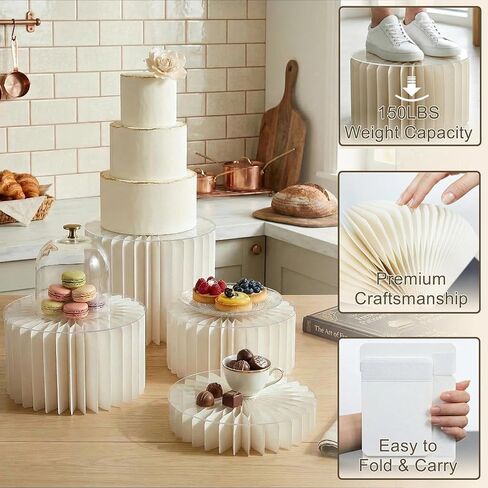 iobiotio Foldable Cake Stand, Reusable Buffet Risers, 4 Pack Round Dessert Stands with Acrylic Tops, Cardborad Display Stands for Weddings, Birthdays, Baby Showers, Parties, Home Decor, White in Saudi Arabia