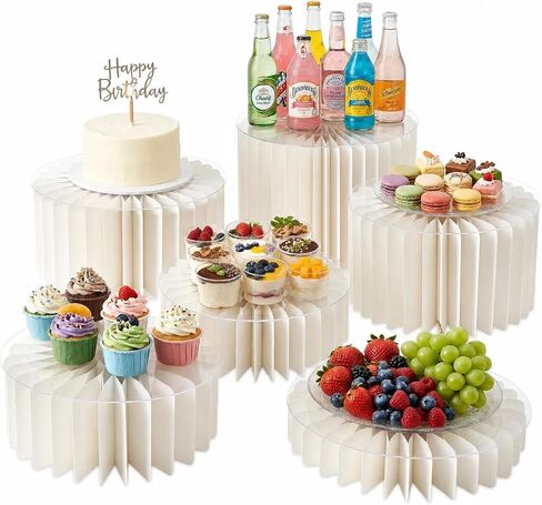 iobiotio Foldable Cake Stand, Reusable Buffet Risers, 4 Pack Round Dessert Stands with Acrylic Tops, Cardborad Display Stands for Weddings, Birthdays, Baby Showers, Parties, Home Decor, White in Saudi Arabia
