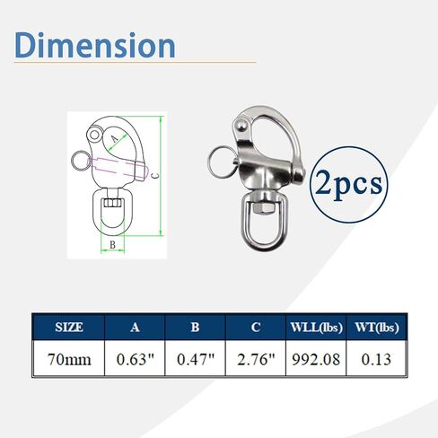 Swivel Eye Snap Shackle 316 Stainless Steel Marine Sailboat Shackles Quick Release Swivel Shackle for Sailing Halyard, Sailing Rigging, SCBA Mask Clips and Sailboat Hardware 2pcs in Kuwait